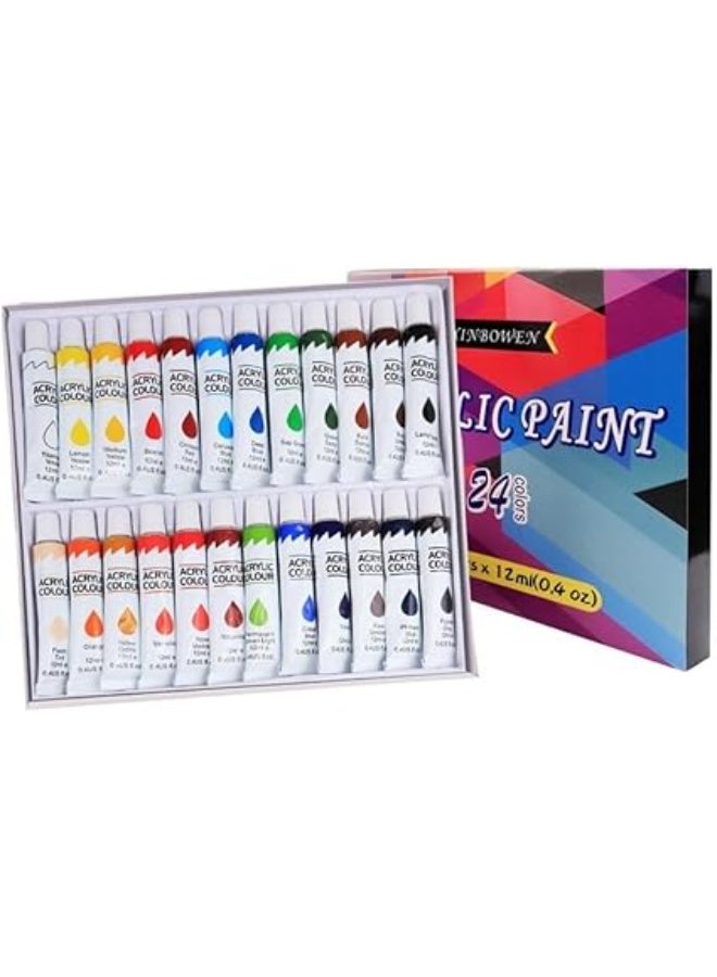 مجموعة طلاء اكريليك  تركيبة غير سامة للرسم الفني للأطفال والكبار، لوازم فنية للقماش والسيراميك والزجاج والأحجار والنماذج الخشبية، 12 مل، 24 لون - Image 1